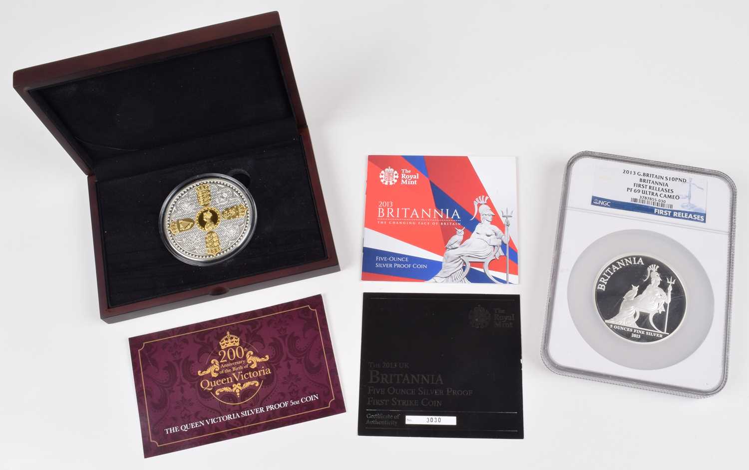 Lot 61 - Queen Victoria Silver Proof 5oz Coin and the 2013 UK Britannia Five Ounce Silver Proof Coin (2).