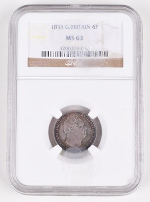 Lot 34 - King William IV, Sixpence, 1834, slabbed and graded MS63 by NGC.