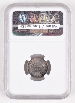 Lot 34 - King William IV, Sixpence, 1834, slabbed and graded MS63 by NGC.