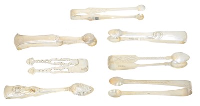 Lot Seven pairs of George IV and later silver sugar tongs