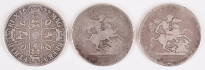 Lot 7 - Three historical silver Crowns to include Charles II, 1677 silver crown (3).