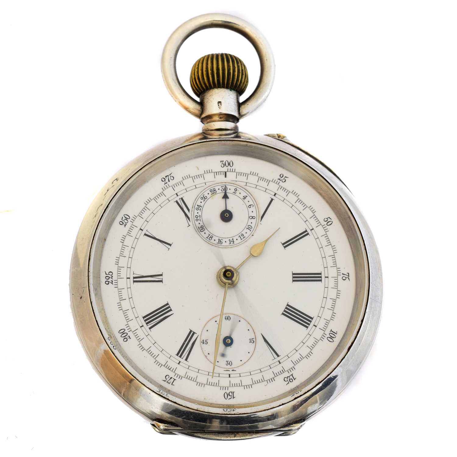 Lot 215 - A silver chronograph open face pocket watch,