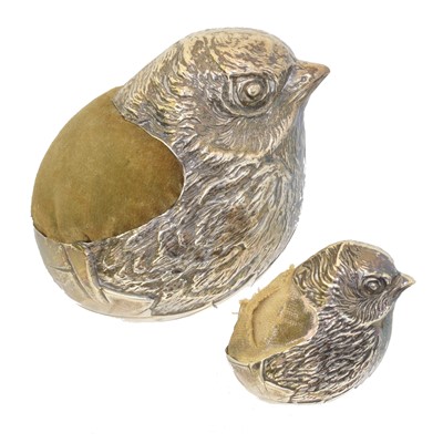 Lot 164 - Two George V novelty chick silver pin cushions