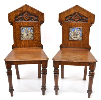 Lot 337 - Pair of Victorian Gothic Revival Hall Chairs with John Moyr Smith Tiled Backs