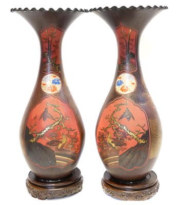 Lot 223 - Pair of large Japanese lacquered porcelain vases