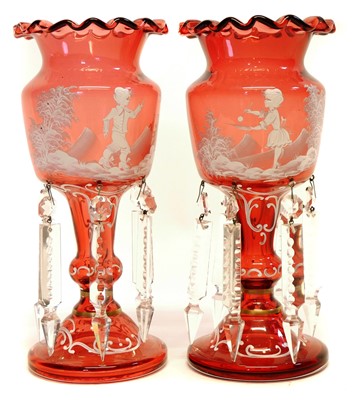 Lot 163 - Pair of Mary Gregory type ruby glass lustres