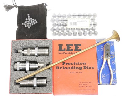 Lot 369 - Lee .577 Snider reloading die set and other muzzle loading items.
