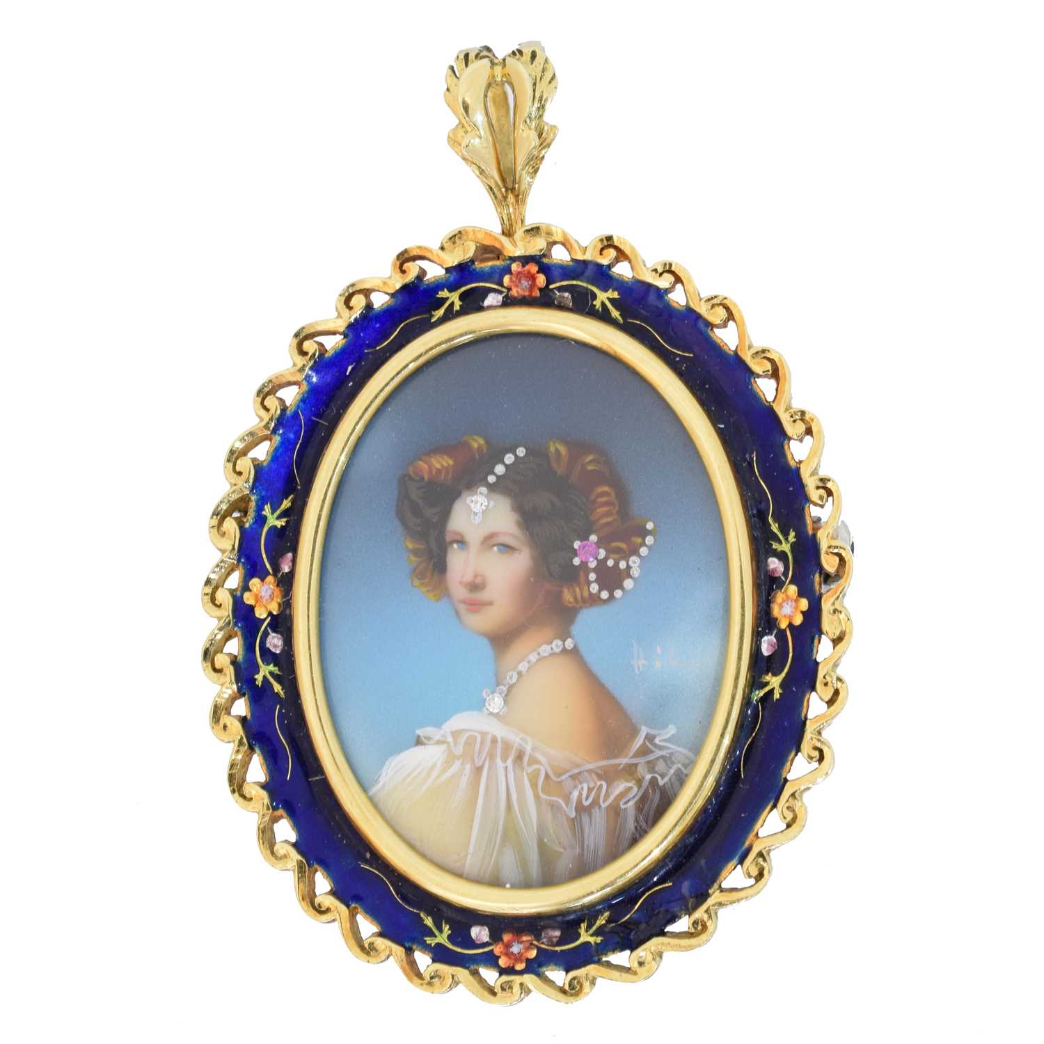 Lot 22 - An 18ct gold enamelled portrait miniature brooch