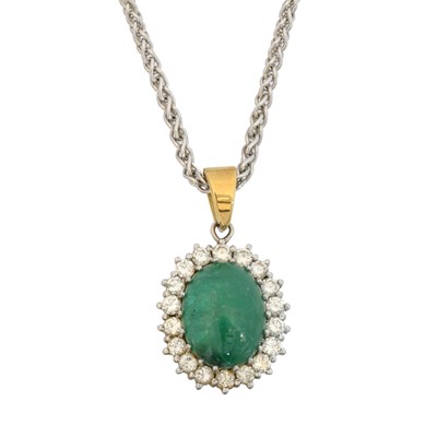 Lot 79 - An 18ct gold emerald and diamond cluster pendant