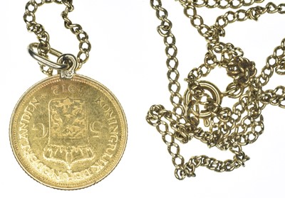 Lot 155 - Netherlands, 10 Guilders, 1875, gold coin and 5 Guilders 1912 suspended on a chain (2).