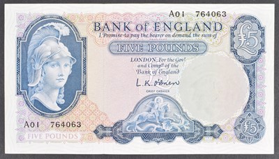 Lot 98 - A Series "B" Helmeted Britannia Issue (February 1957), Five Pounds banknote.