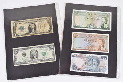 Lot 10 - Selection of foreign banknotes to include USA, Ireland, Guernsey and Jersey.