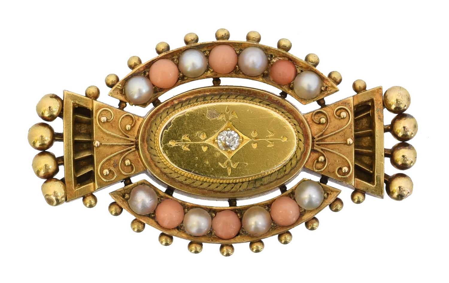 Lot 1 - A Victorian coral diamond and split pearl brooch