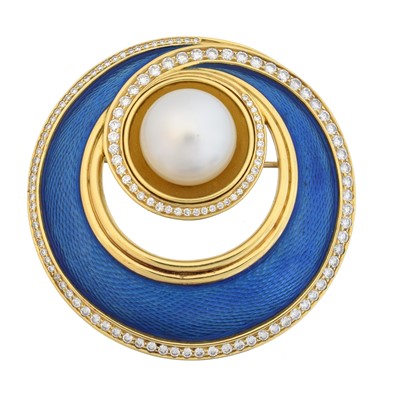 Lot 36 - An 18ct gold cultured pearl, enamel and diamond brooch by Leo De Vroomen
