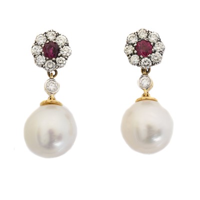 Lot 64 - A pair of ruby, diamond and pearl drop earrings