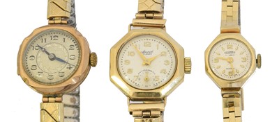 Lot 136 - Three 9ct gold cased wristwatches