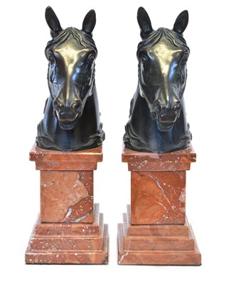 Lot 84 - Two Bronze Horse Heads on Marble Plinths