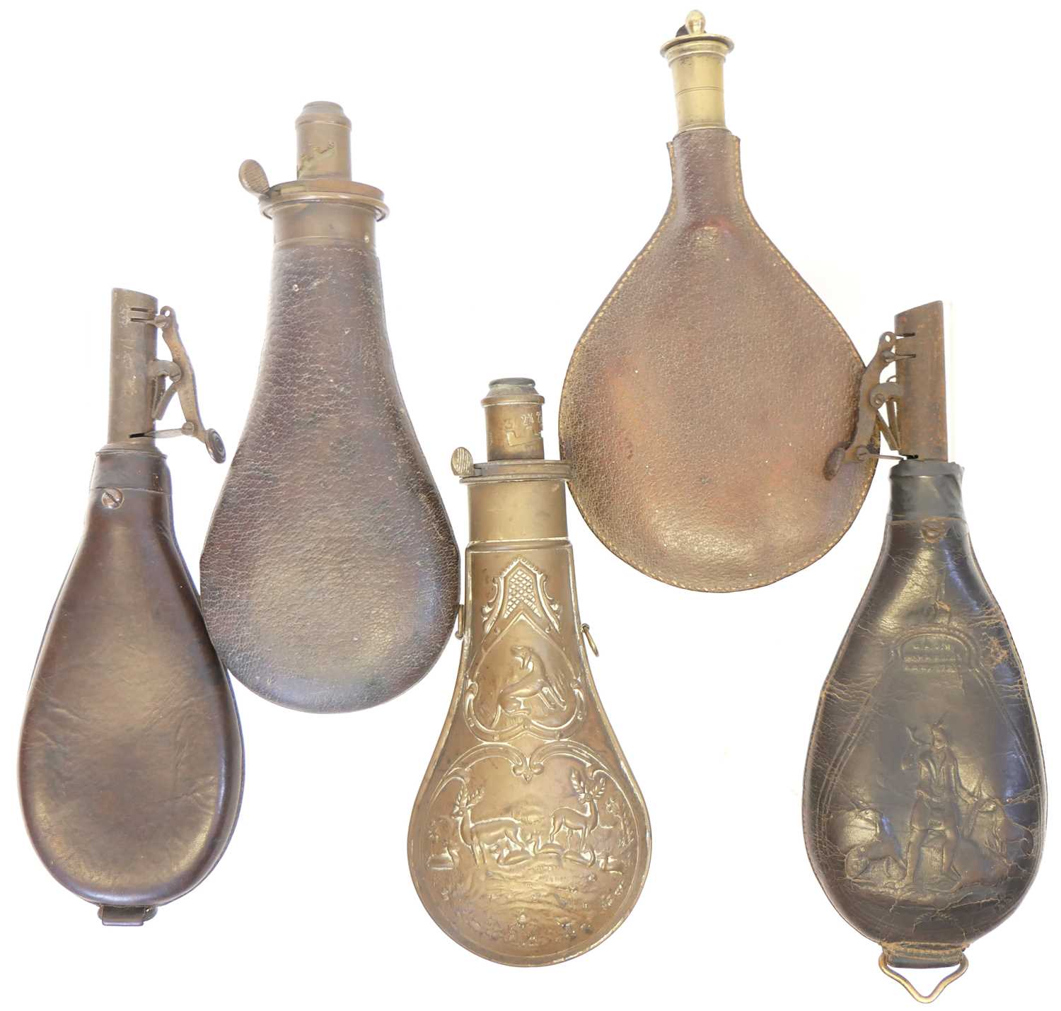 Powder Shot Flask Lot 473 - Five powder / shot flasks