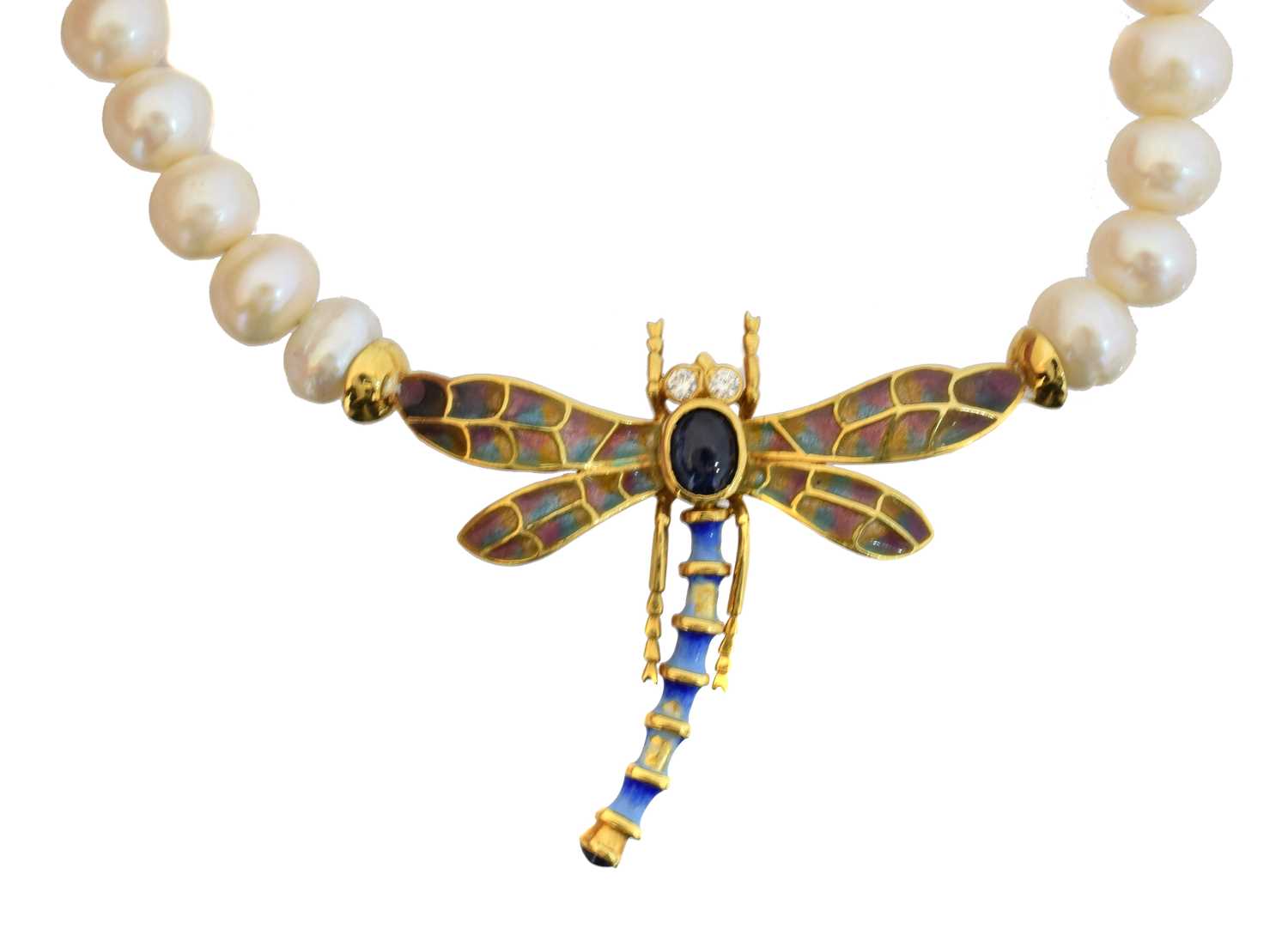 Lot 81 - A cultured pearl, enamel and gem-set necklace