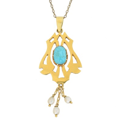 Lot 117 - An Art Nouveau turquoise and seed pearl pendant