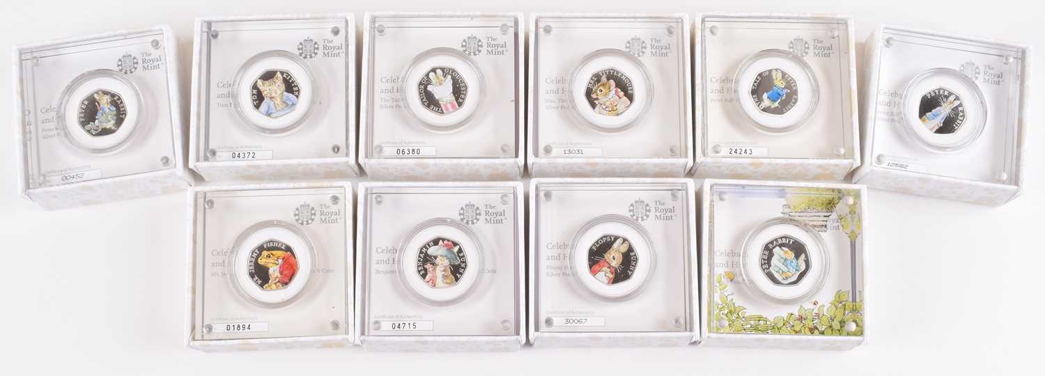 Lot 25 - Collection of Royal Mint Beatrix Potter Silver Proof with Colour Coins (9).