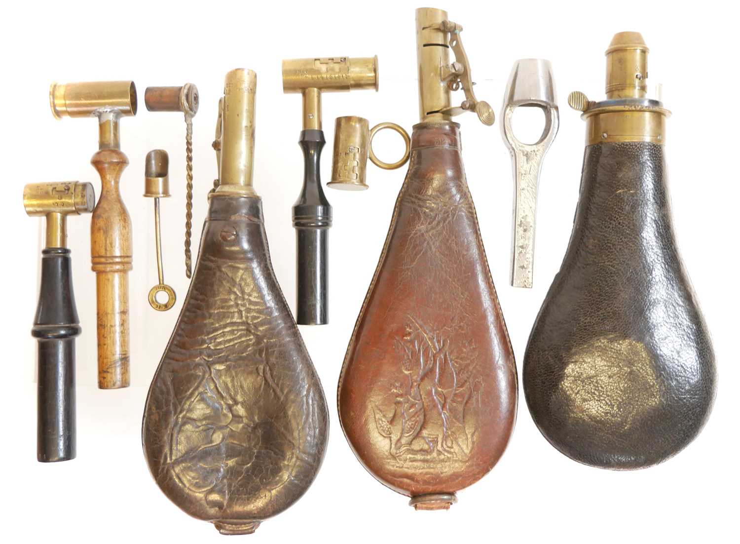Lot 470 - Collection of powder flasks and measures,
