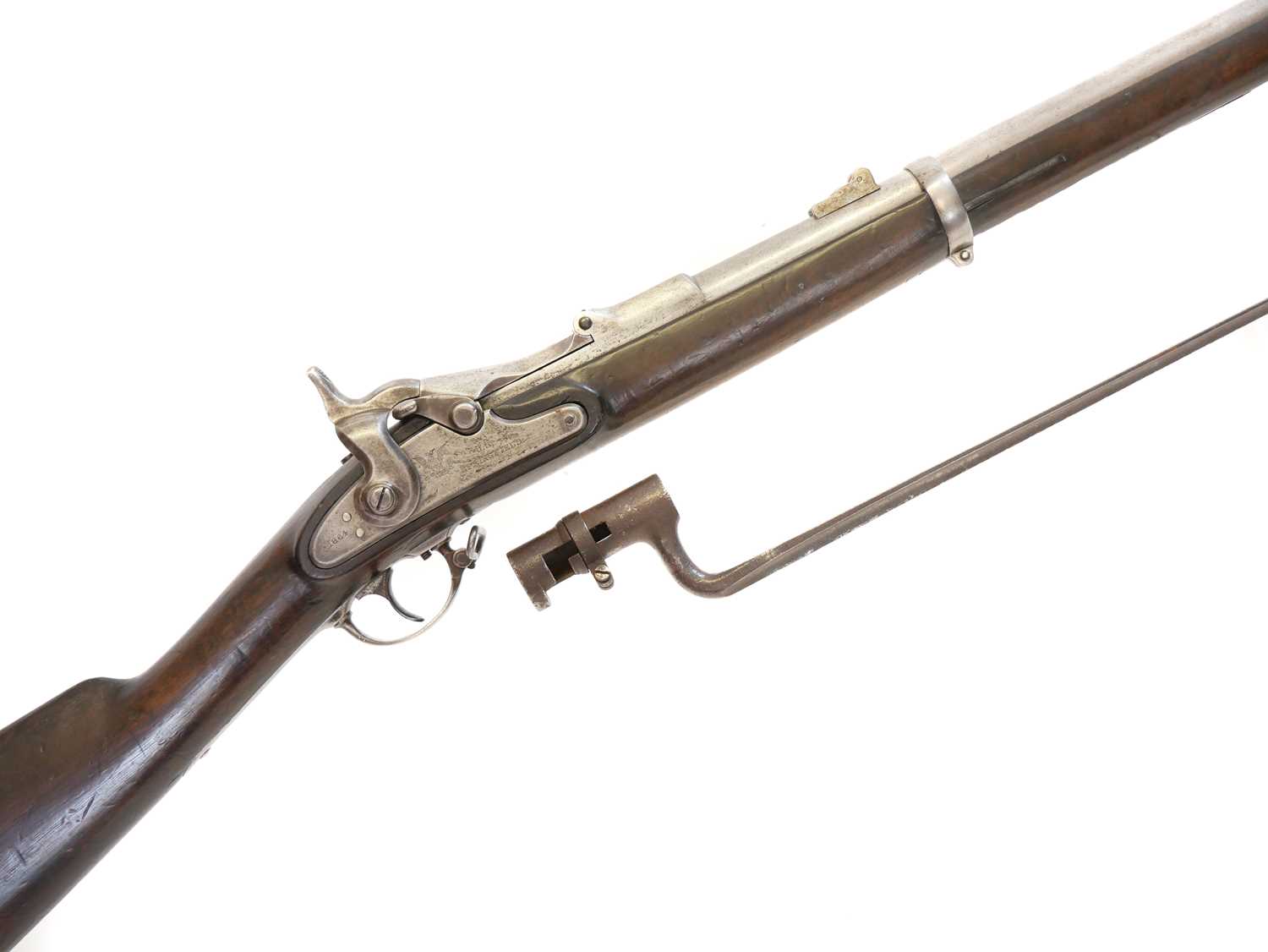 Lot 75 - US Trapdoor Springfield 50-70 rifle and bayonet.