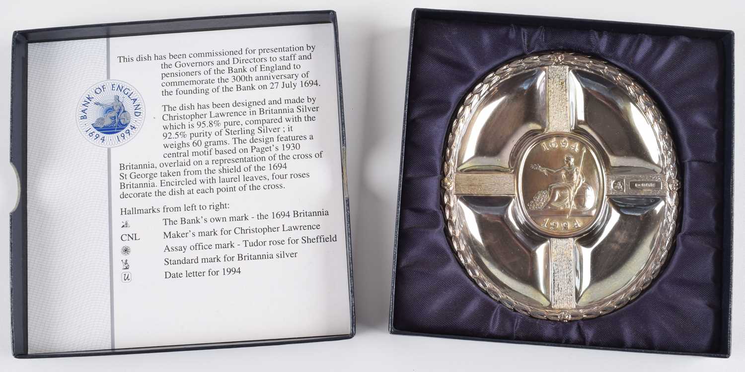 Lot 156 - Christopher Lawrence, Britannia standard silver Bank of England 300 years commemorative dish.