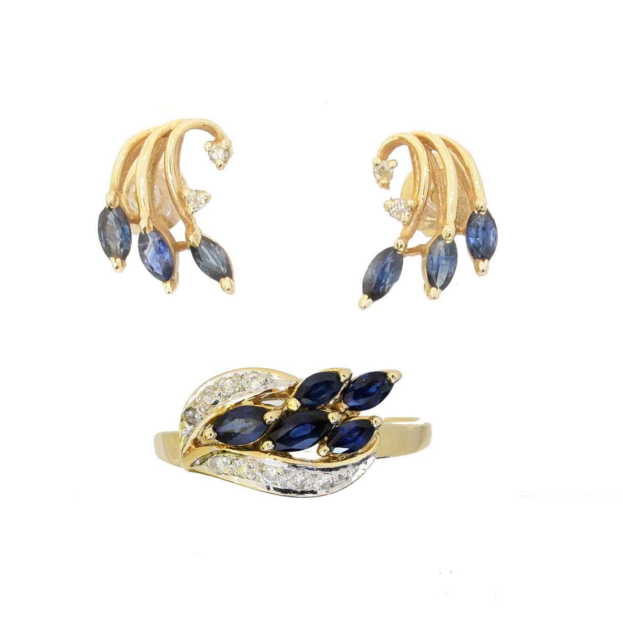 Lot 86 - A 14ct gold sapphire and diamond suite of jewellery