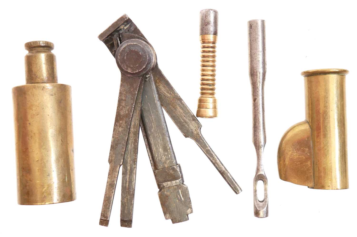Lot 478 - Martini Henry combination tool, oil bottle, jag, cleaning rod attachment and a muzzle protector