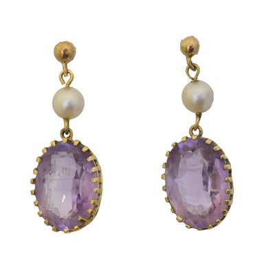 Lot 37 - A pair of 9ct gold amethyst and cultured pearl drop earrings