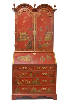 Lot 20th century George I style red Japanned bureau bookcase