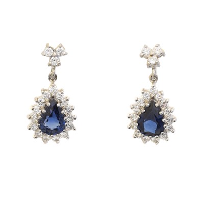 Lot 36 - A pair of 18ct gold sapphire and diamond drop earrings