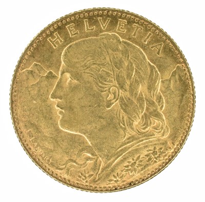 Lot 48 - Switzerland, Helvetia, 10 Francs, 1911 B, gold coin.