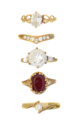 Lot 102 - Five 9ct gold CZ and paste set rings