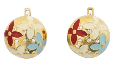 Lot 38 - A pair of Italian enamel and diamond earrings