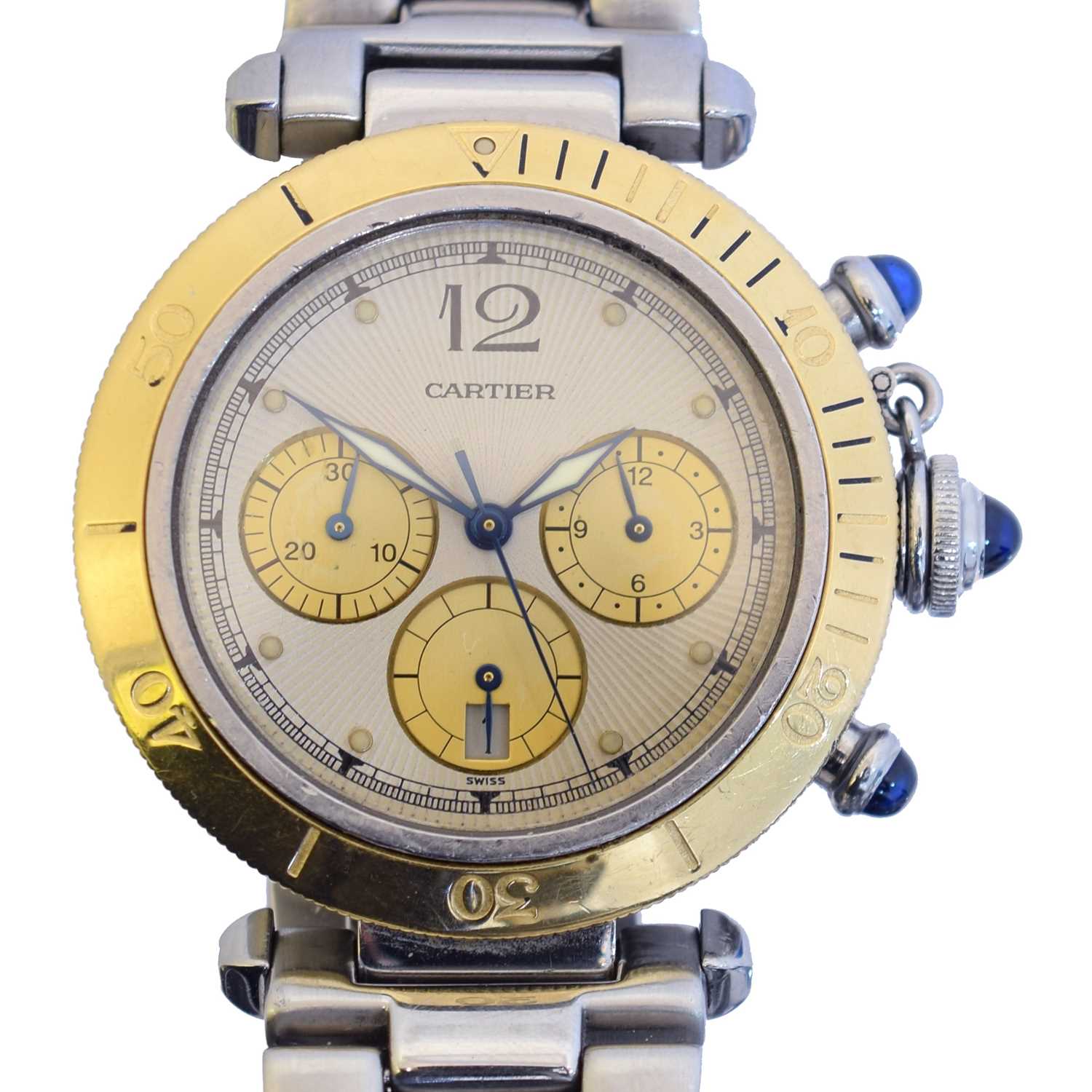 Lot 192 - A steel and gold Cartier Pasha chronograph quartz wristwatch