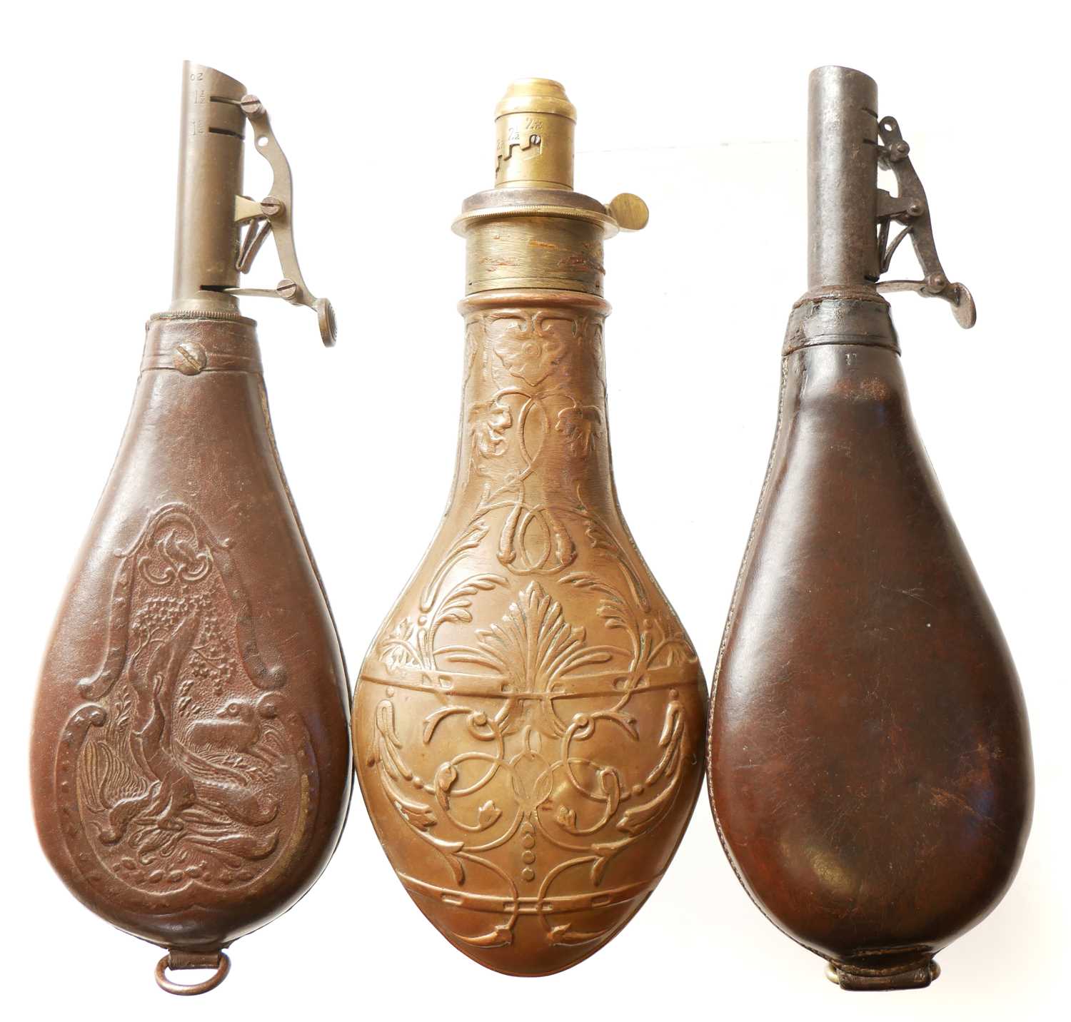 Powder Shot Flask Lot 316 - Powder flask and two shot flasks.