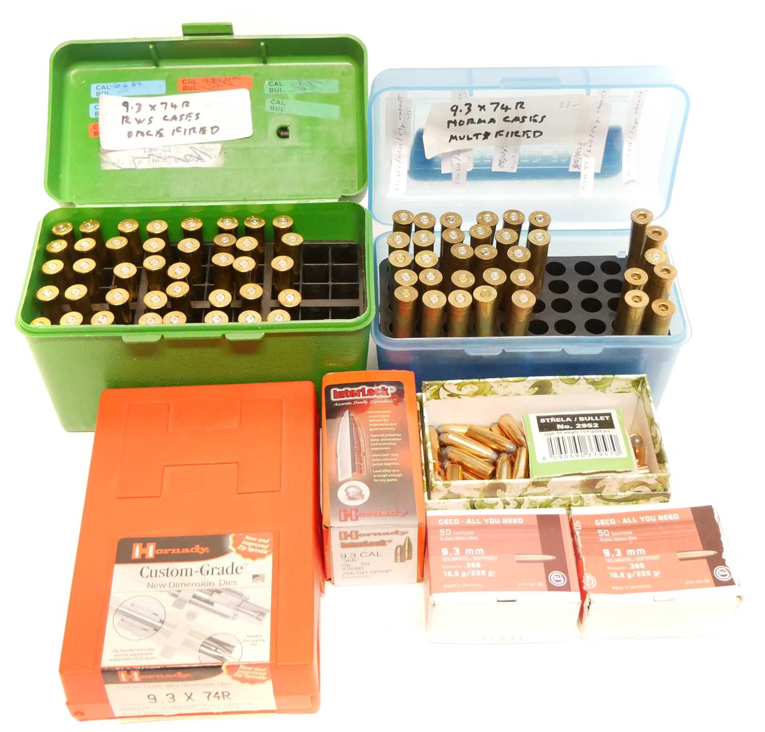 Lot 420 - 9.3 x 74R reloading dies and components, to...