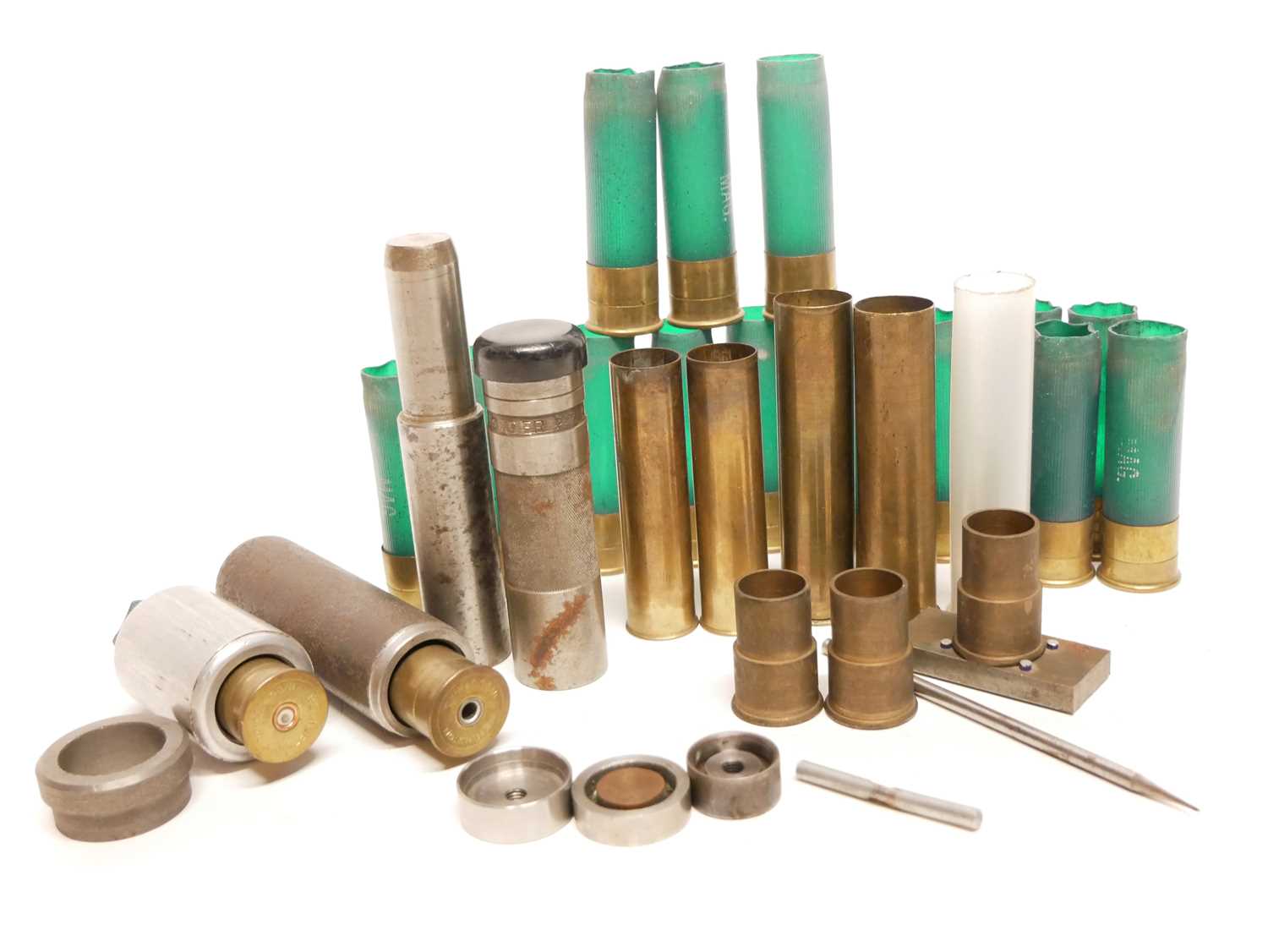 Lot 417 - Eight bore cartridges and tools, including two...