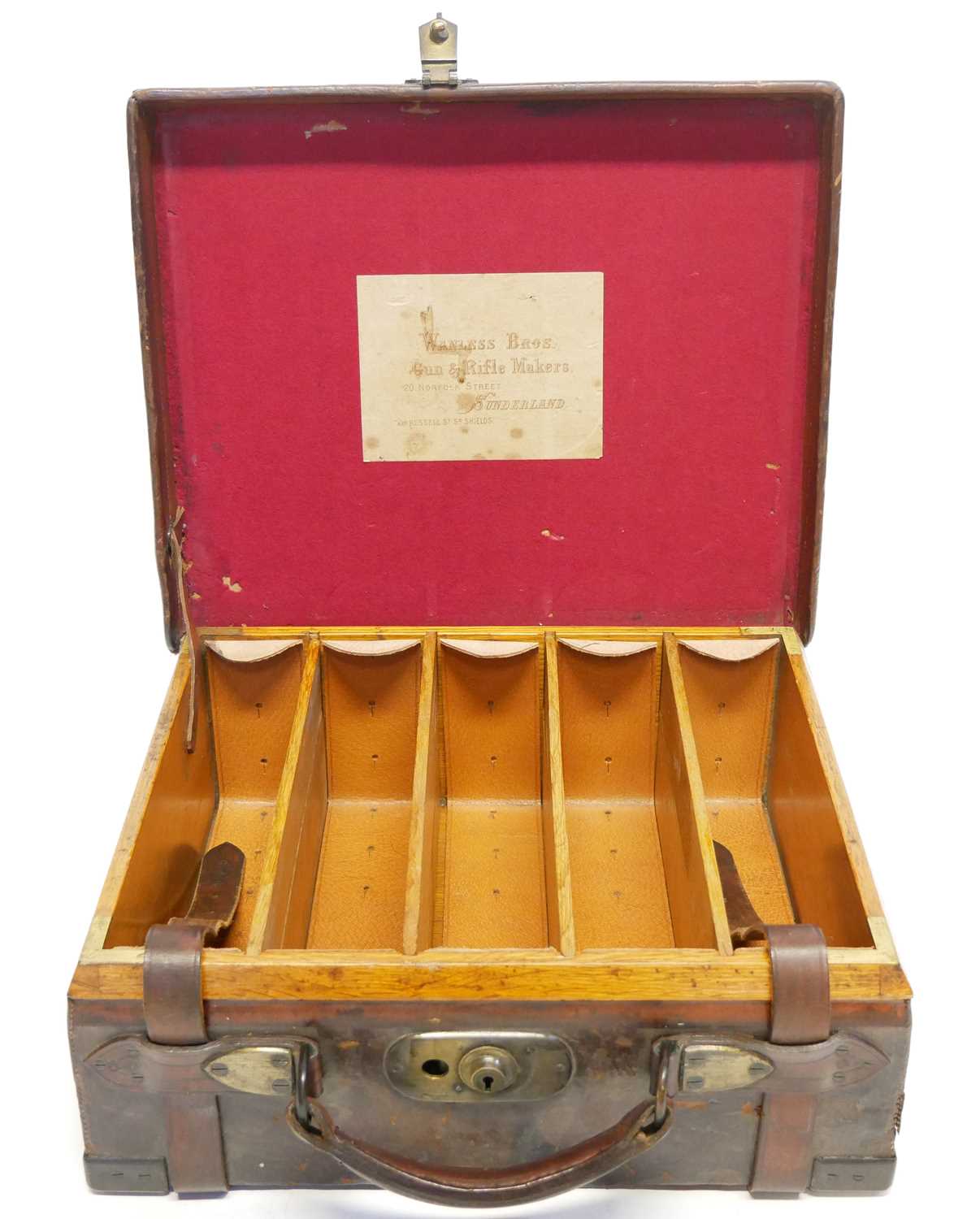 Lot 496 - Oak and leather cartridge magazine by Wanless...