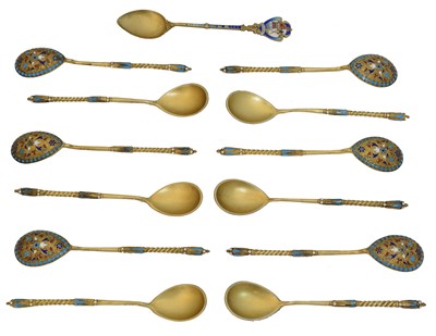 Lot 96 - A set of ten Russian silver gilt and champlevé enamel spoons