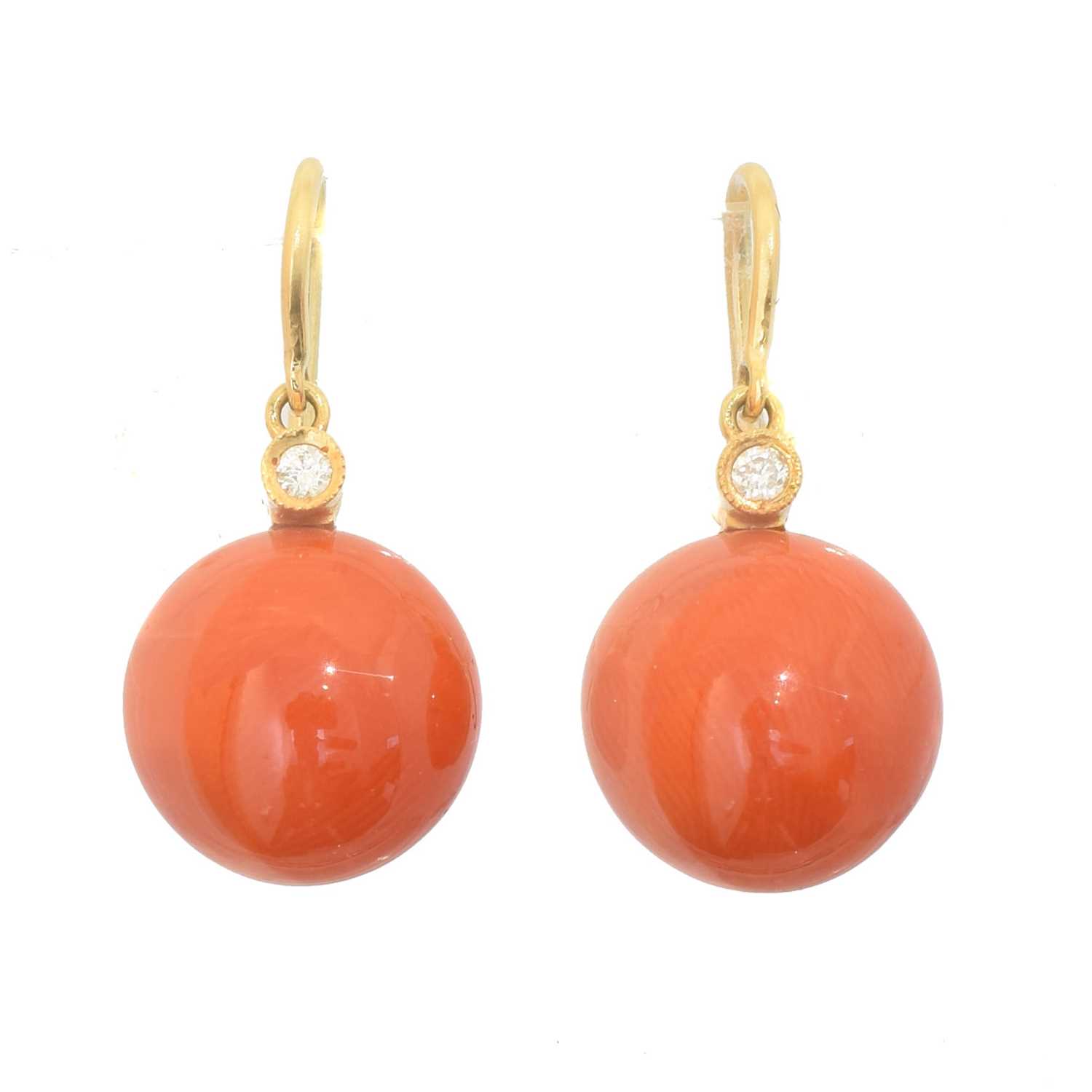 Lot A pair of coral and diamond drop earrings