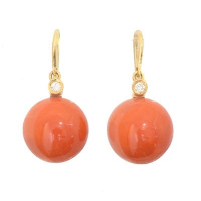 Lot 38 - A pair of coral and diamond drop earrings