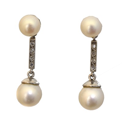 Lot 40 - A pair of cultured pearl and diamond drop earrings