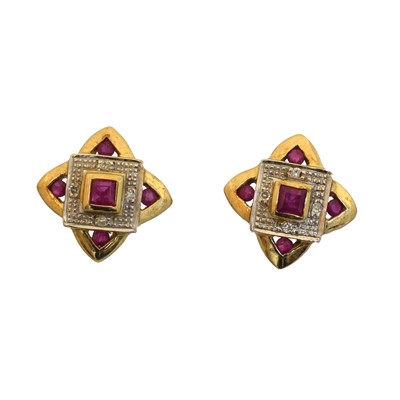 Lot 19 - A pair of 9ct gold ruby and diamond earrings