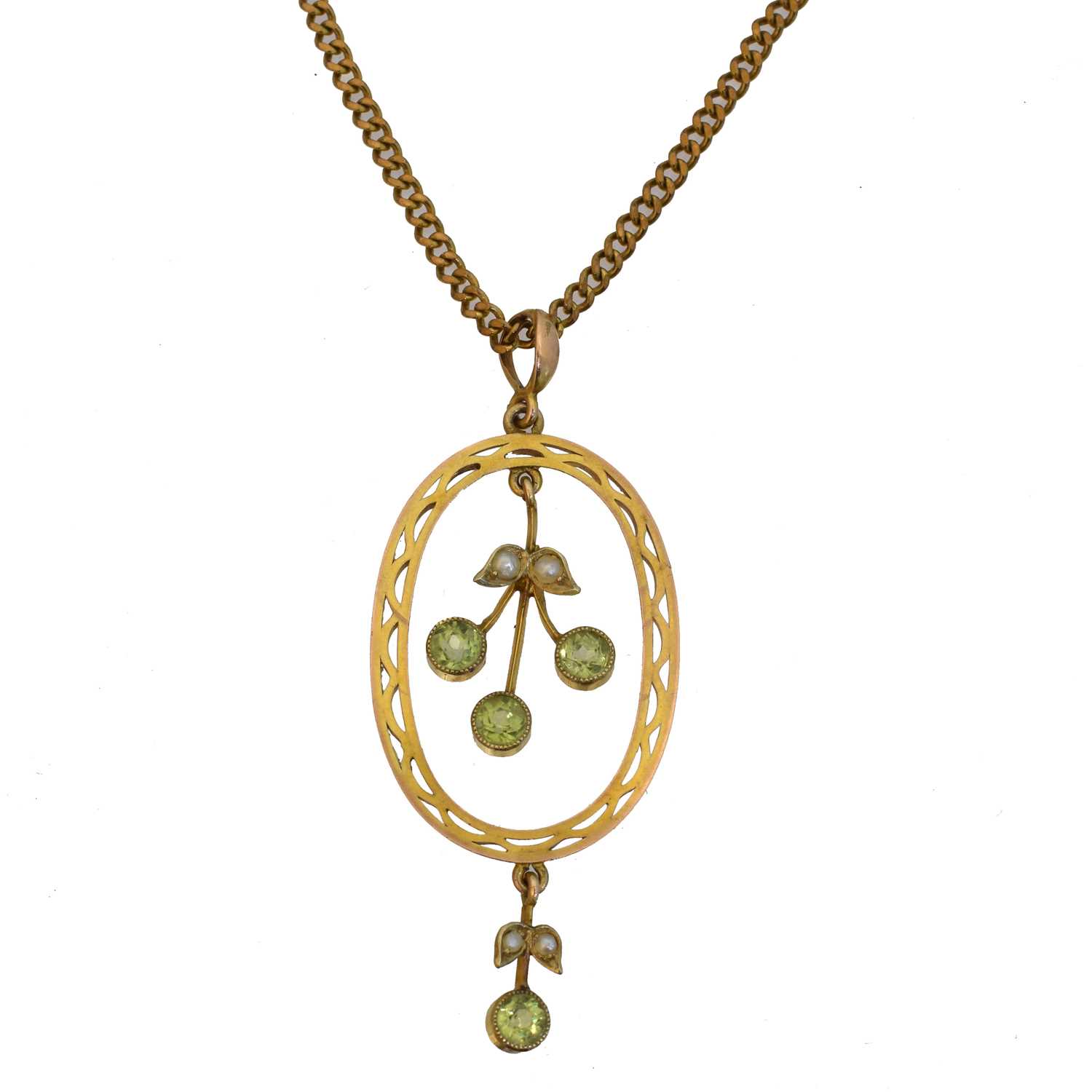 Lot 72 - An early 20th century peridot and split pearl pendant.
