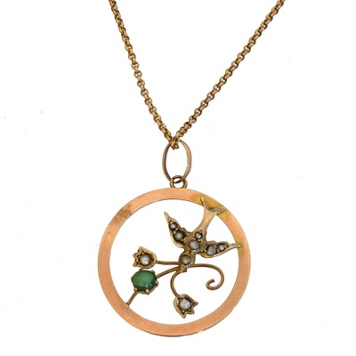 Lot 21 - An early 20th century 9ct gold split pearl and turquoise swallow pendant