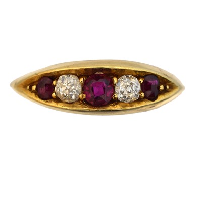 Lot A late Victorian 18ct gold ruby and diamond five stone ring.