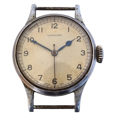 Lot A WWII Longines Air Ministry pilot's manual wind military wristwatch.